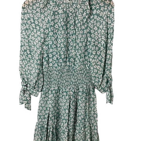 Rebecca Taylor Floral Silk Dress Smocked Waist Metallic Accents Green Size Small - Picture 6 of 10